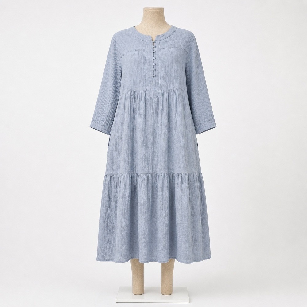 Women's Light Blue Tiered Maxi Dress with Button-Front Detail
